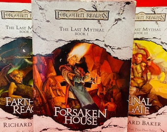 May include: Three paperback fantasy novels with a stone-like cover design. The first book is titled "Earth Reaches", the second is titled "Forsaken House", and the third is titled "Final Gate". All three books are part of the "Forgotten Realms" series and are written by Richard Baker.