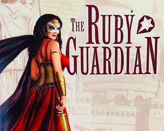 May include: A fantasy novel cover featuring a woman in a red dress and a mask, holding a sword. The title is "The Ruby Guardian" and the book is part of "The Scions of Arrabar Trilogy - Book II" by Thomas M. Reid.