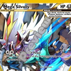 May include: A Pokemon trading card featuring Mega Silvally, a multi-colored Pokemon with a large, spiked head and a blue and green body. The card has a gold border and the text "BREAK Evolution Rule" and "HP 430".