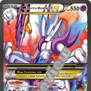 Puede incluir: Una carta de juego de Pokemon con Mecha Mewtwo Z EX, un Pokemon morado y azul con un casco blanco. La carta tiene un poder llamado "Mecha Armor" y un ataque llamado "Hypno Blast".