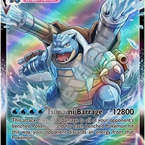 Peut inclure: Une carte à collectionner représentant la créature bleue Colossal Hydro-Fortress Blastoise VMAX avec 32900 PV. L'illustration montre la créature tirant de l'eau depuis ses canons dorsaux, avec le texte Tsunami Barrage 12800 et les règles du jeu.