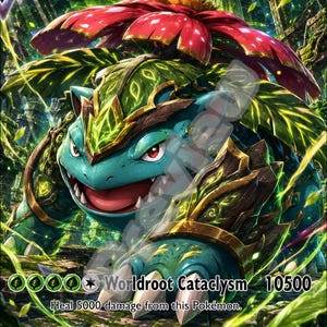 May include: A trading card featuring Venusaur Worldroot Titan Form VMAX with 29400 HP. The creature is teal with a large red flower on its back, gold armour accents, and sharp claws. Text includes Worldroot Cataclysm, 10500 damage, and VMAX rule.