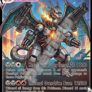 Può includere: Una carta collezionabile Cyber-Charizard VMAX con 38500 HP, raffigurante un drago robotico metallico con grandi cannoni sulle ali e sulle braccia, fiamme arancioni luminose e testo che descrive gli attacchi Mega-Thermal Laser CannonADE e Infernal Overdrive Burn.