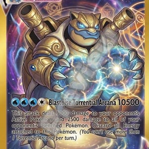 May include: A gold and blue Blastoise VMAX Pokémon card. The card features a detailed illustration of Blastoise, with the text "Blastoise VMAX" and "Gigantamax". The card also includes attack details and the text "Torrential Arcana".