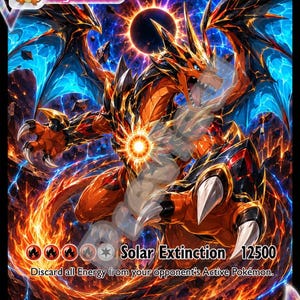 Op de afbeelding: Een Charizard Solar Apocalypse Form VMAX ruilkaart met 31800 HP. De kaart toont een draakachtig wezen met oranje en zwarte schubben, blauwe vleugels en een gloeiende borstbol tegen een donkere, vurige achtergrond met een zwarte zon.