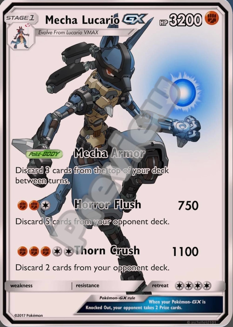 May include: A Pokemon trading card featuring Mecha Lucario GX, a blue and grey robotic Pokemon with red eyes. The card has a Pok&eacute;-Body ability called Mecha Armor, which allows the player to discard 3 cards from the top of their deck between turns. The card also has two attacks: Horror Flush, which allows the player to discard 5 cards from their opponent's deck, and Thorn Crush, which allows the player to discard 2 cards from their opponent's deck.