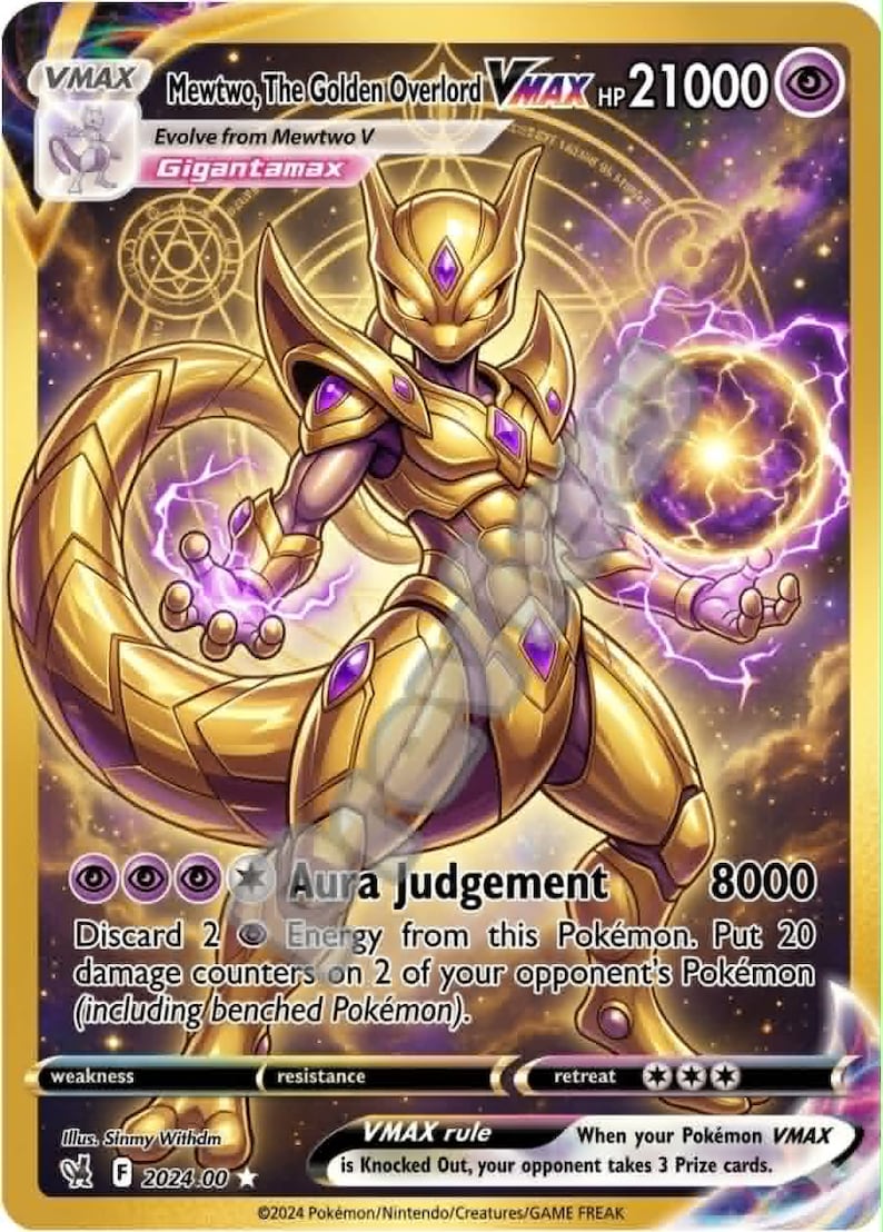 May include: A golden Mewtwo VMAX Pok&eacute;mon trading card. The card features a detailed illustration of Mewtwo in golden armor, wielding purple energy. Text includes "Mewtwo, The Golden Overlord VMAX" and "Aura Judgement". The card has a HP of 21000.