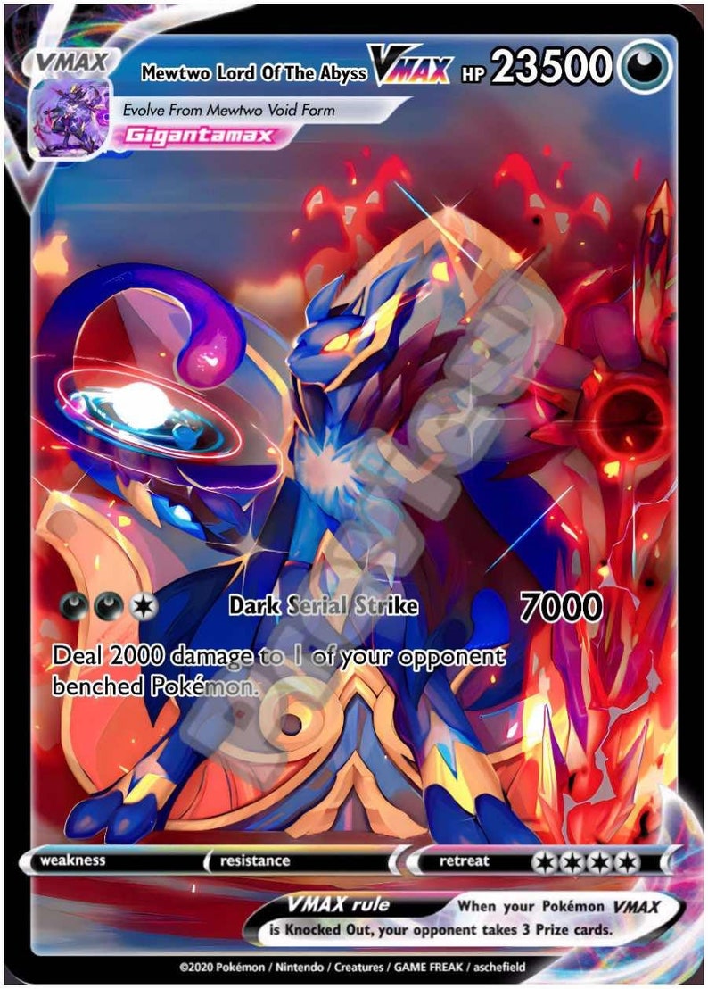 May include: A Pokemon trading card featuring Mewtwo in its Gigantamax form. The card is blue, red, and white with a black background. The card has a large image of Mewtwo in the center, with text around the edges. The text on the card reads "VMAX, Mewtwo Lord Of The Abyss, HP 23500, Dark Serial Strike, Deal 2000 damage to 1 of your opponent benched Pokemon, 7000".