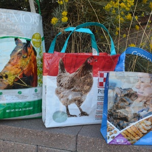 Upcycled Feed Bag Tote. RECYCLED FEED BAGS totes,  Reusable tote bag, grocery tote,  shopping bag, reusable grocery bag.