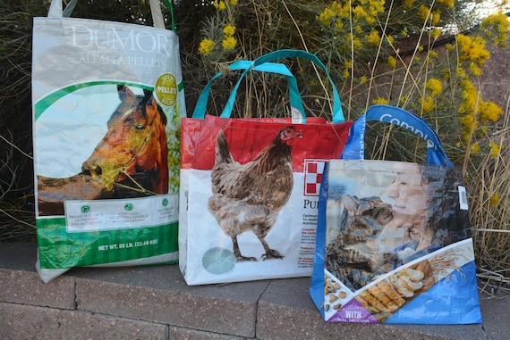 Upcycled Feed Bag Tote. RECYCLED FEED BAGS totes,  Reusable tote bag, grocery tote,  shopping bag, reusable grocery bag.