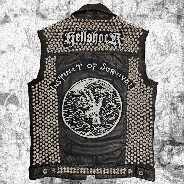 Crust Stenchcore Hellshock Instinct of Survival Effigie Punk Vest Jacket Waxed denim Studded Custom made vintage Handmade Crustpants