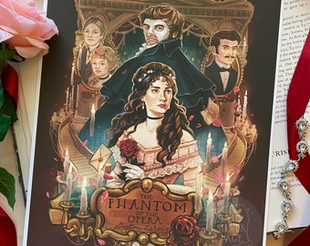 May include: A vintage-style illustration of a scene from the Phantom of the Opera. The image features a masked man in a black suit, a woman in a pink dress, and a staircase with lit candles. The title "The Phantom of the Opera" and the author's name "Gaston Leroux" are displayed in a gold frame.