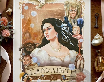 Labyrinth Art Print, 11x14 inches, Labyrinth Fan Art, Art Nouveau Movie Poster, Movie Poster 80s, David Bowie, Jareth