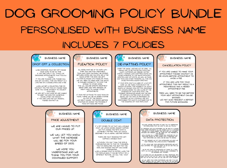 Dog Grooming Policy Forms Pack Dog Grooming Policies Dog Etsy