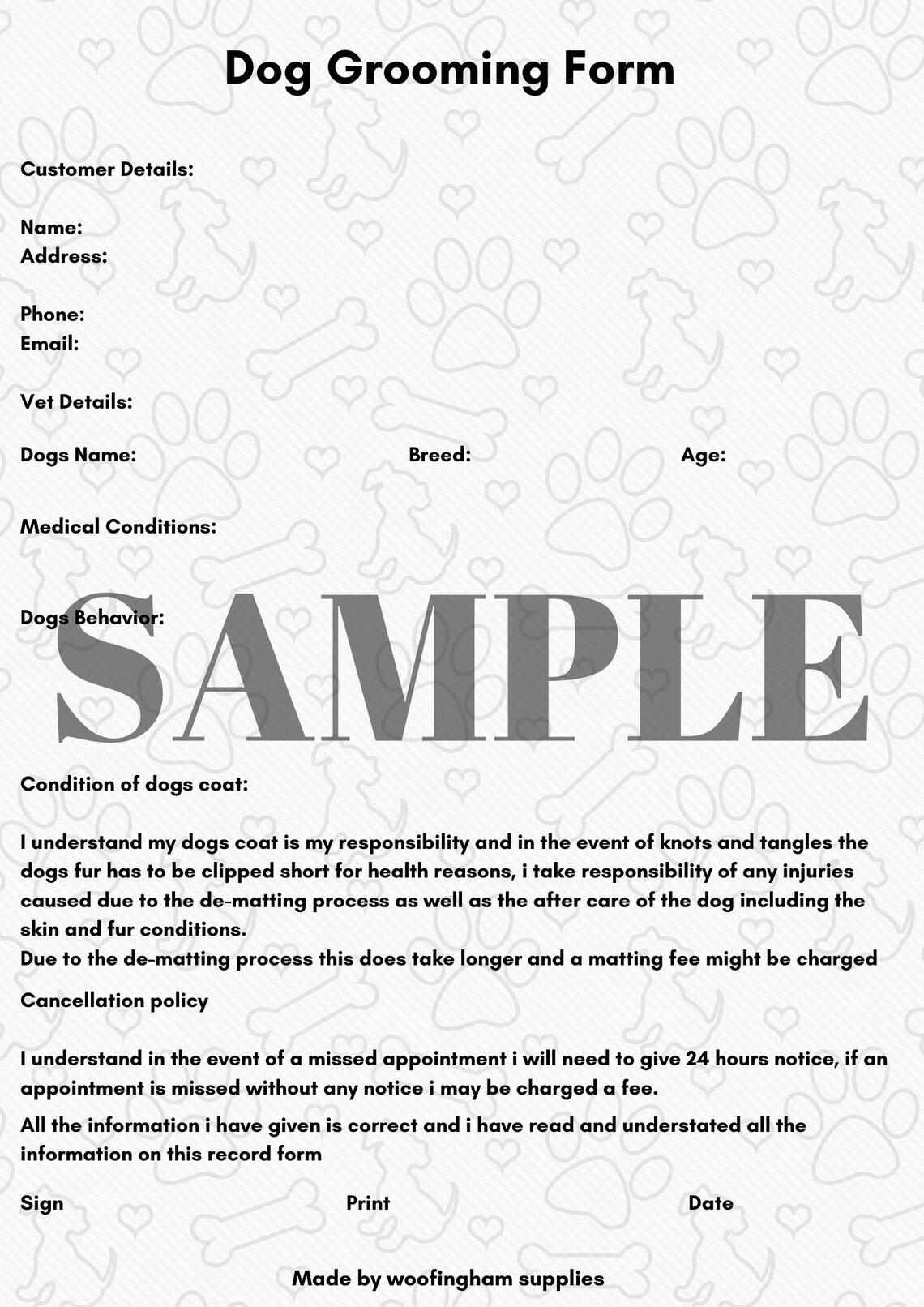 Printable Dog Grooming Record Client Form Dog Groom Book | Etsy