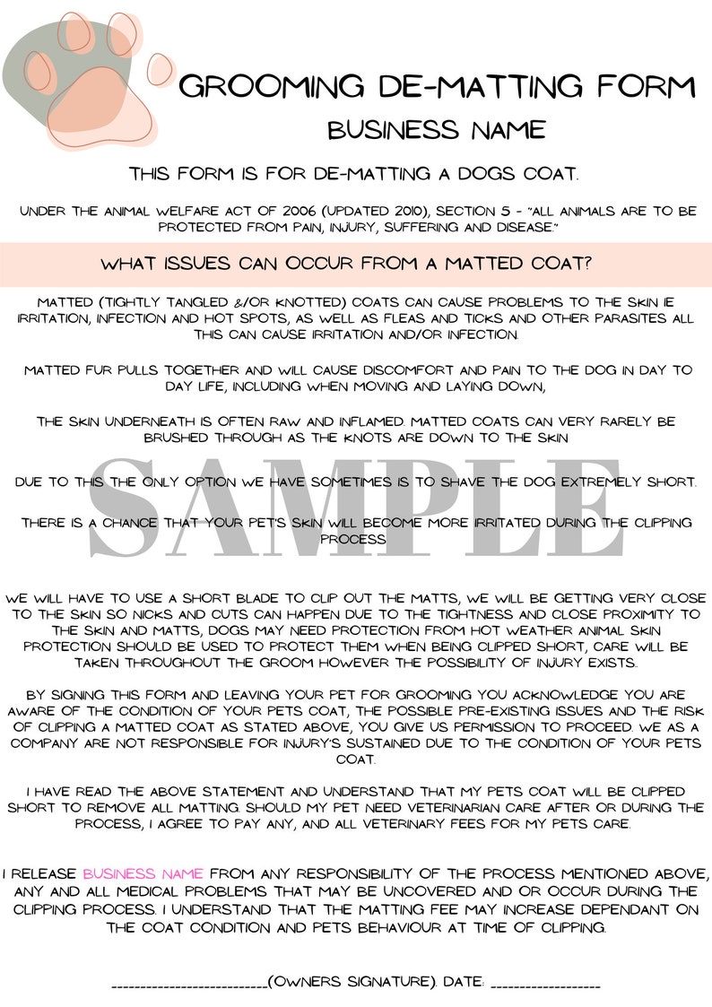 Dog Grooming Dematting Bundle Matted Fur Policy and Form Etsy