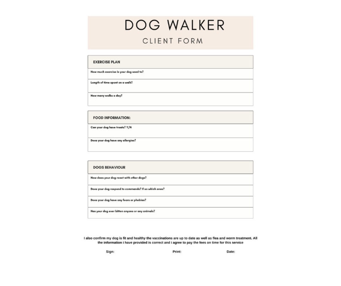Dog Walker Consent Forms Dog Walking Consent Form Dog - Etsy