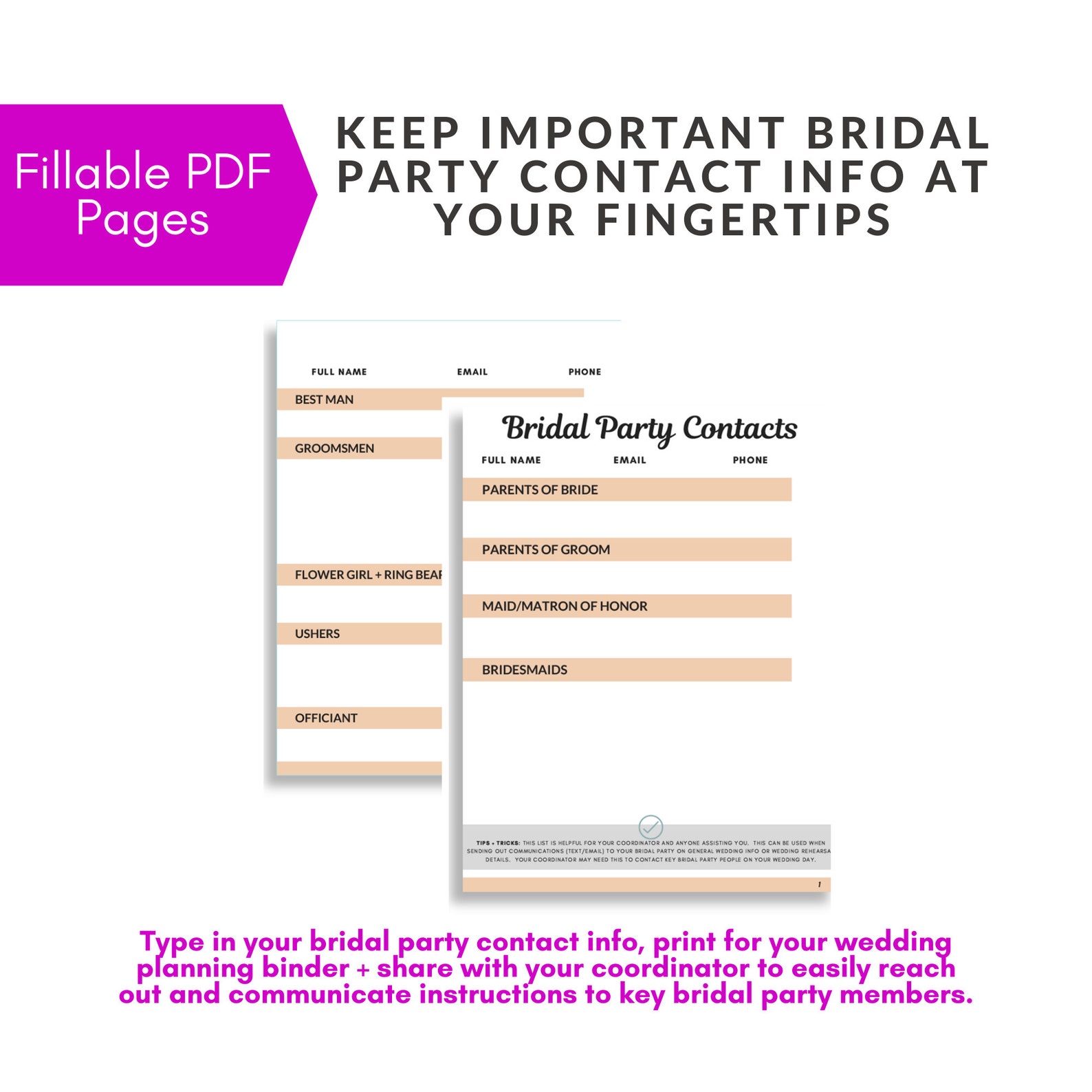 Bridal Party List PDF, Printable Wedding Planner, Wedding Organizer ...