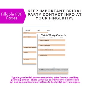 Bridal Party List PDF, Printable Wedding Planner, Wedding Organizer ...