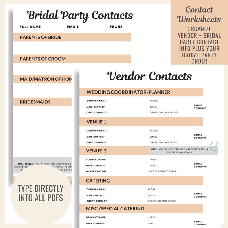 May include: Printable wedding vendor contact list worksheet with headings for wedding coordinator, venue, catering, and misc./special catering. Each section includes fields for company name, main contact, onsite contact, phone, email, onsite contact phone, and signed contract.