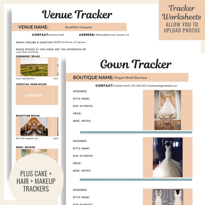 May include: A printable wedding venue and gown tracker worksheet. The worksheet includes sections for venue name, contact information, address, rental pricing, ceremony space, cocktail hour space, reception space, and miscellaneous spaces. The gown tracker section includes sections for designer, style name, size in photo, price, and miscellaneous notes. The worksheet is designed to help brides organize their wedding planning.