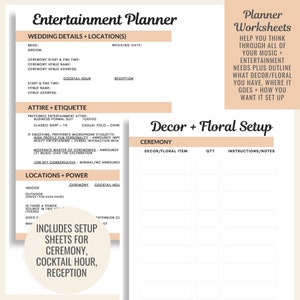 May include: A printable wedding planner worksheet with sections for wedding details, attire and etiquette, locations and power, decor and floral setup, and a ceremony checklist. The worksheet includes the text "Includes setup sheets for ceremony, cocktail hour, reception".