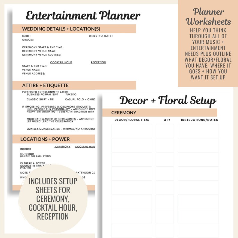 May include: A printable wedding planner worksheet with sections for wedding details, attire and etiquette, locations and power, decor and floral setup, and a ceremony checklist. The worksheet includes the text "Includes setup sheets for ceremony, cocktail hour, reception".