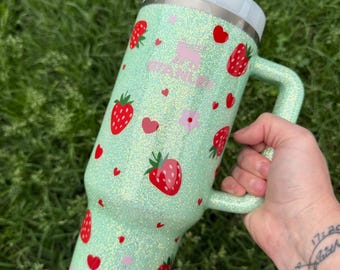 Heart Strawberry Customized Stanley Tumbler |strawberry Tumbler 40oz | Personalized Tumbler| Personalized Tumbler glitter strawberry Stanley