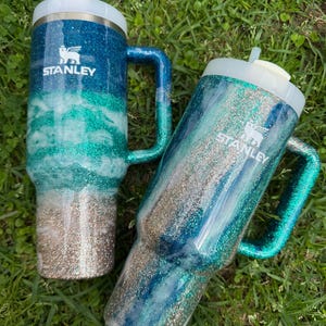 Beach WAVE Customized Stanley Tumbler |blue and golds waves Tumbler | Personalized GLITTER Tumbler| beach sand swirl Tumbler | read info!
