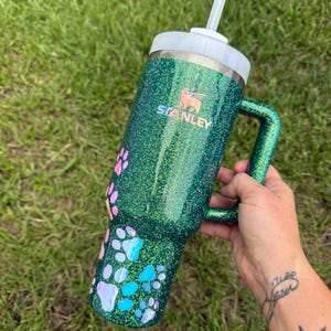 Green shift glitter Paw print Customized Stanley Tumbler | Pet lover Tumbler 40oz | Personalized pet gift Tumbler| Personalized Tumbler