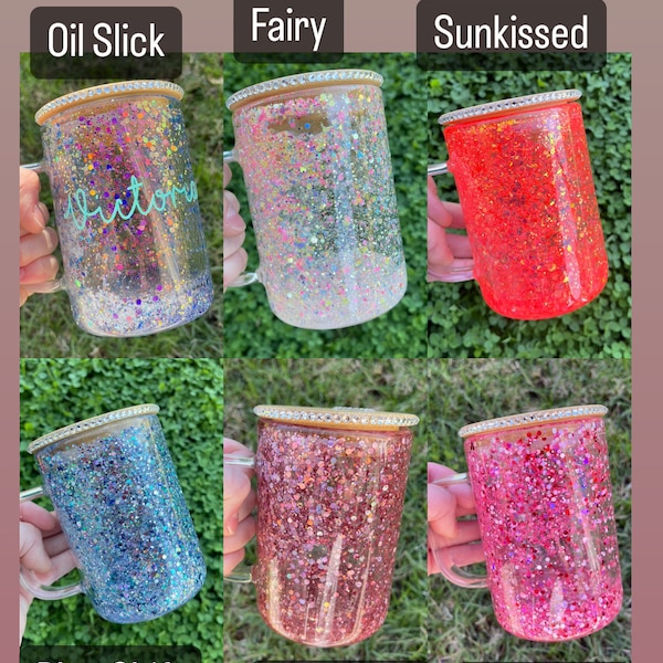 CLOSEOUT PRICE! Personalizable 14ozGLASS glitter Globe mug!