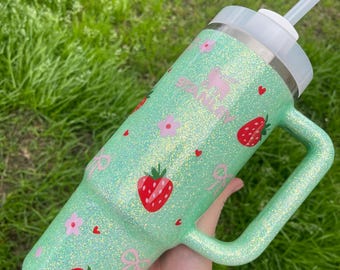 Berry coquette Customized Stanley Tumbler |strawberry Tumbler 40oz | Personalized  Tumbler| Personalized Tumbler bow strawberry bow Stanley