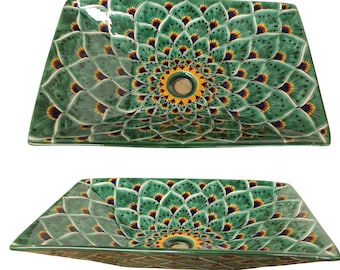 Mexican Talavera  Vessel Rectangular Handcrafted ceramic sink -  Pavo Verde -