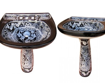 Mexican Talavera Pedestal Sink Handcrafted Ceramic - Acapulco Negro -