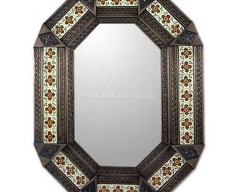 Mexican Tin and Talavera Tiles Mirror Octagono Hand Painted  - Flores  -