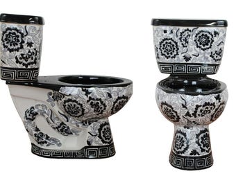 Mexican Toilet ELONGATED Comfort Height Hand Painted -Flores Negras -