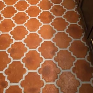 Puede incluir: Un suelo de baldosas de terracota con un patrón geométrico blanco. El patrón es un diseño repetitivo de estrellas de cuatro puntas.