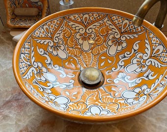 Lavabo redondo de cerámica Talavera mexicana hecho a mano - Acapulco Oro -