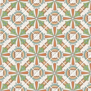 Könnte beinhalten: Wiederholendes Muster aus quadratischen Fliesen mit floralem Design. Das Design zeigt orange, grüne und blaue Blumenmotive auf cremefarbenem Hintergrund. Die Fliesen sind durch weiße Linien getrennt, wodurch ein gitterartiges Aussehen entsteht.