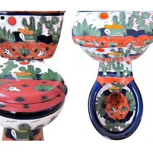 Inodoro de cerámica de Talavera Mexicana Pintado a Mano - Rancheros -