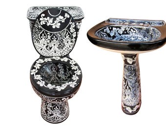 Mexican Talavera Ceramic Toilet Hand Painted - Acapulco Negro -
