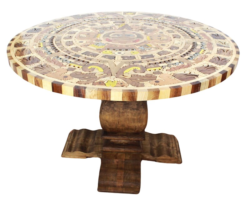 Wooden Inlay Aztec Calendar Table With Base 47