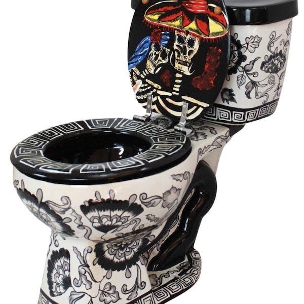Mexikansk Talavera Keramiktoalett Handmålad - Dia De Muertos2 -