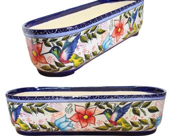 Mexican Talavera Rectangular Planter - Colibri -