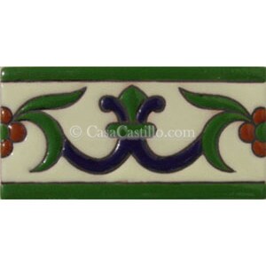 May include: A decorative tile border with a green, blue, and orange floral design. The tile features a stylized floral motif with leaves, flowers, and a central flourish. The tile is made of ceramic and has a glossy finish.