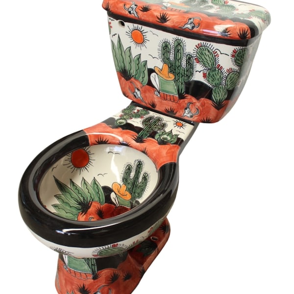 Mexikanische Talavera Keramik Toilette handbemalt - Rancheros Negro -