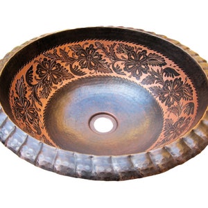 Mexican Copper Sink Round Handcrafted - Antique Vines -