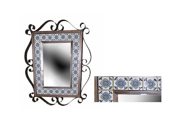 Mexican Tin and Talavera Tiles Mirror Hand Painted  - Flowers  -