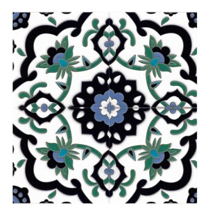 May include: A square decorative tile featuring a symmetrical floral pattern in black, white, teal, and blue. The design includes a central blue and white flower surrounded by black petals, with green leaves and black curved lines on a white background.