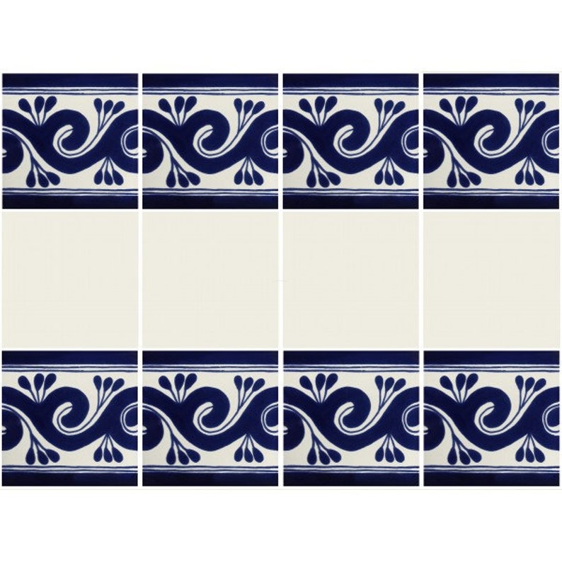 May include: Eight ceramic tiles arranged in a grid pattern. The tiles feature a cream-colored center with a blue and white decorative border. The border design includes a repeating pattern of stylized swirls and leaf-like shapes.
